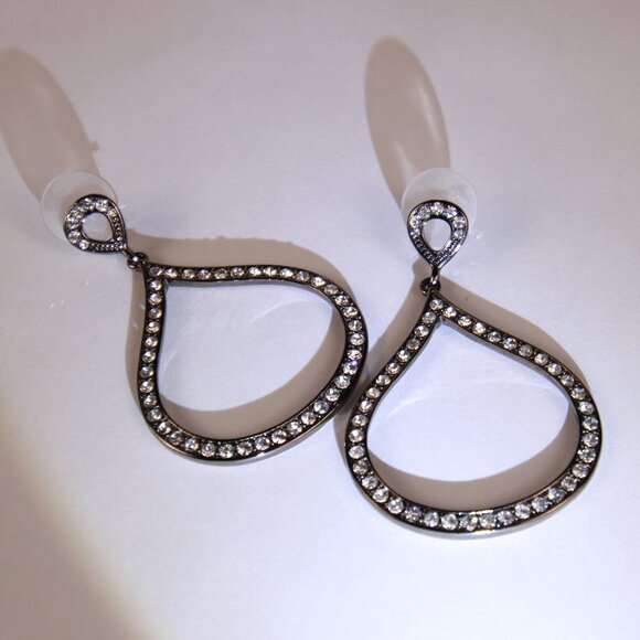Gunmetal Tear Drop Earrings with Clear Rhinestones - Picture 2 of 7